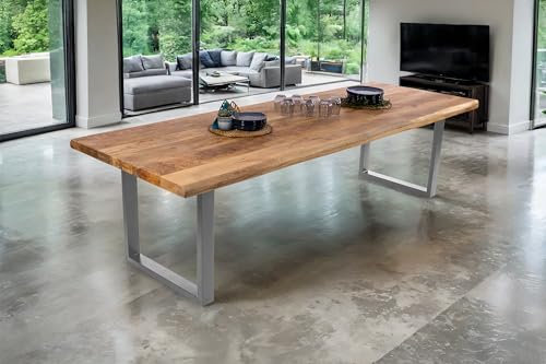 SAM Esstisch Cali | 300 x 100 cm | Mangoholz | Farbe: Natur/rau | U-Gestell Metall Silber | Massivholz mit echter Baumkante | pflegeleichter Baumkantentisch/Esszimmertisch