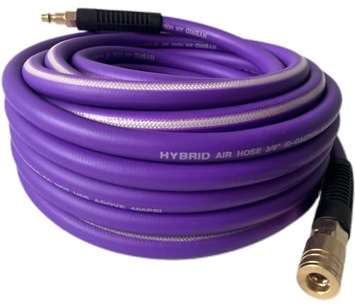 Air Hose 3/8 in x 50 ft, Heavy Duty, Lightweight, Kink Resistant, Hybrid Air Compressor Hose with 1/4 in Solid Brass Male Fittings, Bend Restrictors, 400 PSI(50FT, Purple White)