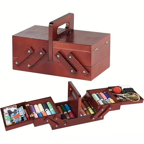 EFFNILIM 1 x erweiterbare Nähkästchen aus Holz, Nähset, Aufbewahrungsbox mit Griff, Stickset, Nähkorb aus Holz