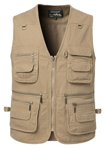 KTWOLEN Chaleco de Pesca para Hombre Chaleco Tipo Safari de Fotografía Algodón Coletes Sin Mangas de Caza con Multibolsillos, Caqui, XXL
