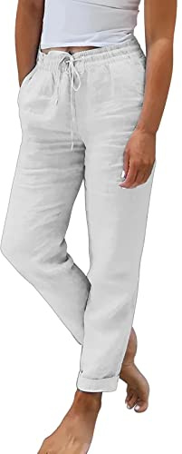 riou Pantalon fin d'été pour femme Grandes tailles fraîches Lin Coton Taille haute Élastique Pantalon long léger Vintage Droit avec poches et plis Pantalon ample Plage Confort Mode, 001Blanc, L