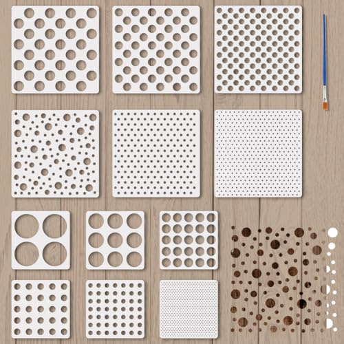 FINGERINSPIRE 12 Stück Malschablone Mit Punkten Und Pinsel 2 Größen 20/30cm Quadratisch 12 Stile Reguläre Geometrische Punkt Zeichenvorlage Runde Punktschablone Zum Malen Auf Wänden Stoffen Möbeln