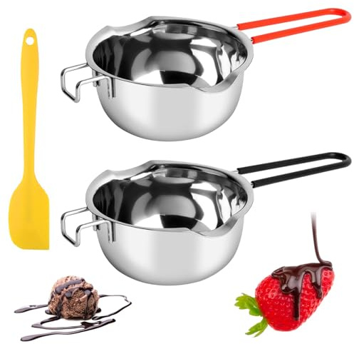 Geoyien Crisol de Chocolate, 2 Olla para Derretir, Crisol de INOX, con 1 Rascador de Silicona, Crisol sin Agua, Mango Antiquemaduras, para Hornear, Chocolate, Mantequilla (600ml)