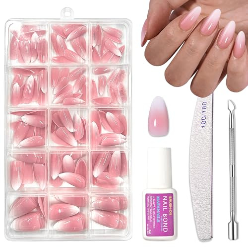 150PCS Ombre Stick on Nails Set - Medium Press on Nails Almond - Nude Pink False nails with Glue - Full Cover Fake Nails Kit - Long Lasting Nail Tips Glue on for Women Girls DIY Manicure at Home