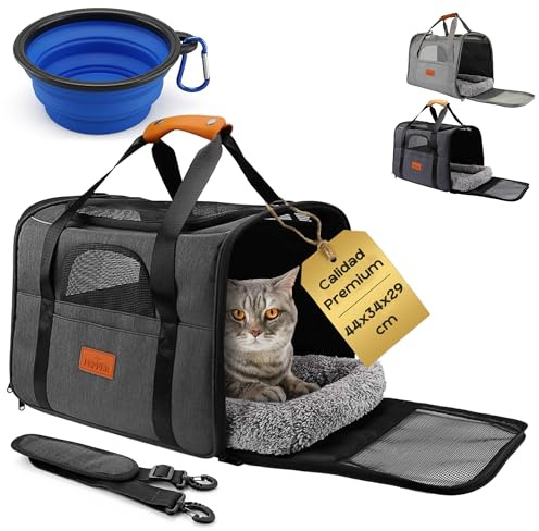 PEPPER® Transportin Gato Perro con Bebedero, Cojín Blando y Correa Ajustable Hombro | Transportin Perro Pequeño Transpirable y Ventilación 360 Cómodo y Seguro | Bolsa de Transporte Plegable 46x35x31cm