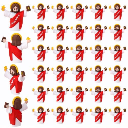 saerryor 30 Pcs Mini Jesus Figures,Little Jesus Statue,Jesus Loves You Cute Tiny Doll,Mini Rubber Toys for Sunday School Baptism Activities Religious Party Favors(Red)