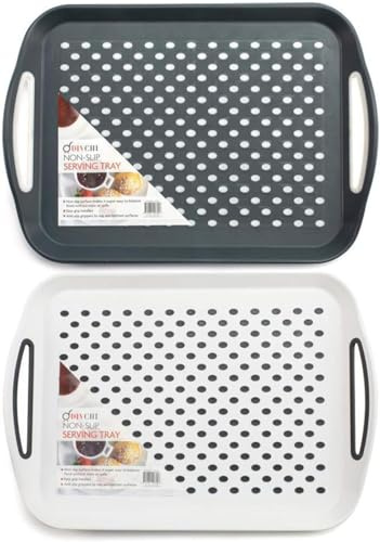 DIVCHI 2-Pack Serving Tray Set – Non-Slip Lap Boards with Grip Handles, Ideal for Food Prep, Tea, Breakfast in Bed – Plastic Tray for Stable Dining Dishwasher Safe (Grey & White)
