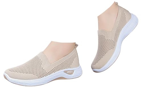 Xbemkste fritidsskor, dam, slip-on, sneakers, mesh, andas, bekväma, traditionella skor, sommarskor, platta skor, lätta sneakers, avslappnade promenadskor, Beige, 40 EU