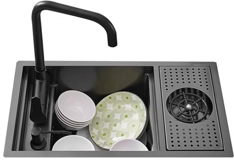 Fregadero de cocina con accesorios para ahorrar espacio, pequeño fregadero oculto para apartamentos y villas, incluye sifón y cubierta (fregadero + grifo A 60 x 40 x 23 cm)