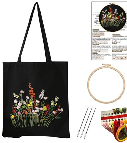 KEKEMEOW Stickerei Set für Leinwand Tasche Handgemachte Kit schwarz Wildflower Kreuz Stich Tasche Erwachsene mit Hoffnung, Farbe Fäden und Werkzeuge