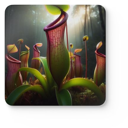 Premium Set of 4 Pitcher Plant (Nepenthes) Coasters – Tropical Swamps & Forests, Southeast Asia