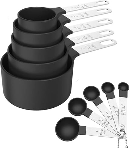 10 Stück Messbecher und Löffelset, Edelstahlgriffe mit Kunststoffbehältern | Edelstahlgriffe, Kunststoffbehälter, Lebensmittelgeeignet, Für Backen, Kochen, Gewürze & Kaffee