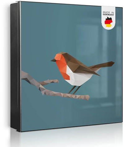 banjado Großer Schlüsselkasten Metall - Schlüsselbox 30x30cm beschreibbarer mit 32 Haken - Schlüsselkasten modern für Schlüsselaufbewahrung - Korpus Schwarz Scharnier Rechts - Motiv Abstrakter Vogel