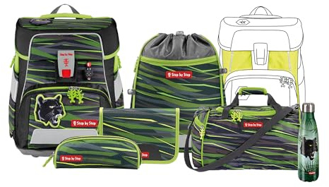 Step by Step Schulranzen-Set Space „Wild Cat Chiko“, 8-teilig, grün, ergonomischer 20L Tornister, höhenverstellbar mit Hüft- und Brustgurt für Jungen ab der 1. Klasse
