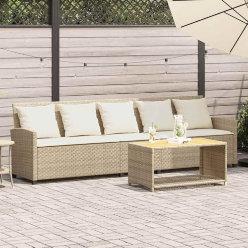 JHQHSM Gartensofa 5-Sitzer mit Kissen Beige Poly Rattan, Wetterbeständiges PE-Rattan Sofa mit Abnehmbaren Bezügen und Stahlrahmen für Garten und Terrasse, Bequemes Polstermöbel