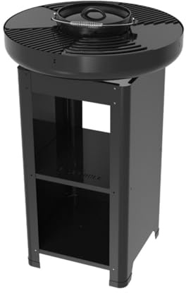 Brasero Moderne Noir Ø60cm | Cuve Ronde Large, Grille en Fonte d'Acier, Cocotte en Fonte Intégrée, Rangement Intégré 2 Niveaux, Hauteur 90cm