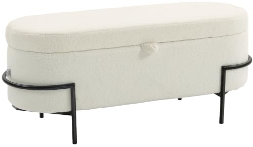 HOMCOM Banc de Rangement en Tissu Bouclette 114,5 x 40 x 48 cm Crème | Banc Coffre de Rangement, Bout de Lit, Couvercle Relevable, Pieds en Acier, pour Salon Chambre ou Entrée