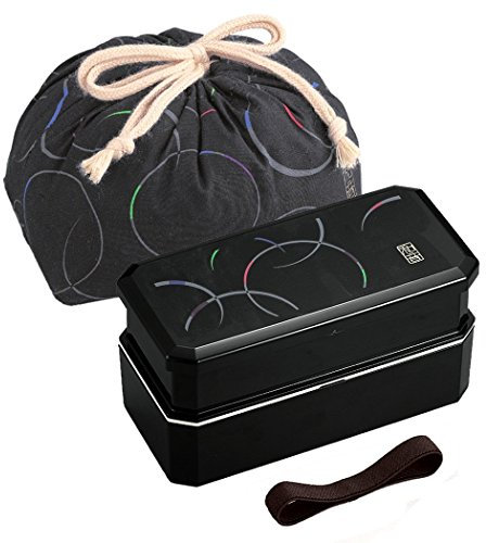 Japanisches Bento Brotdose Waon Wellen Schwarz, 320 + 400 ml, mit Stäbchen und Tragetasche von OSK PW-6 + KB-1