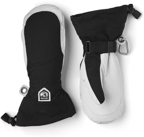 Hestra Womens Extra Warm Ski Gloves: Heli Leather Winter Cold Weather Powder Mitten, Black/Off White, 6
