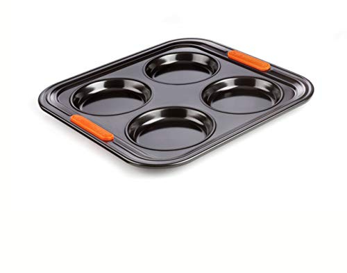 LE CREUSET Molde antiadherente para 4 Yorkshire puddings, Ø 10 cm, resistente a ácidos, revestimiento de acero al carbono, Gris/Naranja, 46056000010000