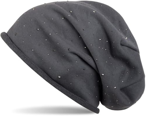 styleBREAKER Damen Beanie Mütze mit Strass-Nieten Applikation und Rollrand, warm 04024024, Farbe:Anthrazit