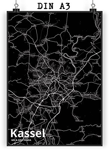 Mr. & Mrs. Panda Poster Kassel DIN A3 - Geschenk, Städte, Kunstdruck, Bild, Stadt Dorf Karte Landkarte Map Stadtplan, Dorf, Raumdekoration, Ort,