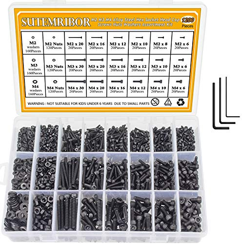 M2 M3 M4 Alloy Steel Screws Nuts and Washers 1200PCS, Sutemribor Hex Socket Head Cap Bolts Screws Nuts Washers Assortment Kit with Hex Wrenches