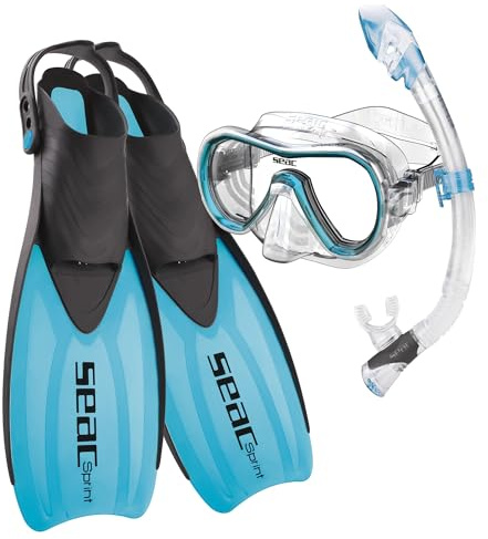 SEAC Sprint Dry Set Snorkeling con Pinne a Cinghiolo Regolabile, Maschera e Snorkel con Dry Top Unisex Adulto Blu 42/44
