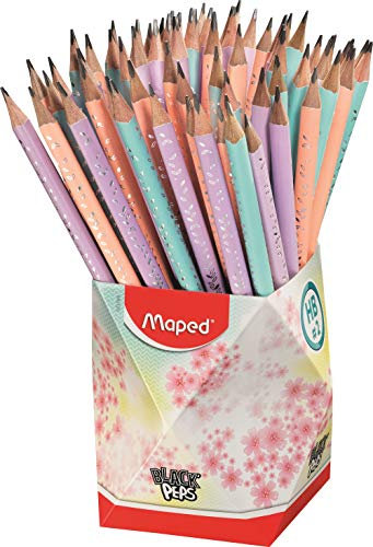 Maped - Graphitstifte HB #2 Black'Peps Pastell – Bleistifte aus Pastellholz mit Radiergummi – dreieckige ergonomische Form – mehrfarbig – Topf mit 72 Bleistiften HB Nr. 2