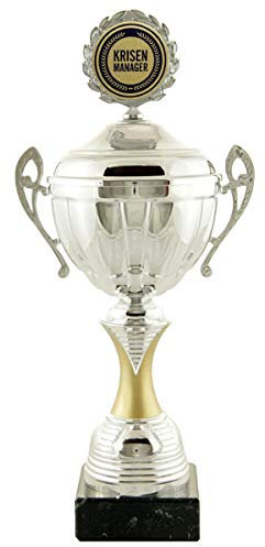 Pokal Award Turin in Silber/Gold mit hochwertigen Aluminium Emblem Krisenmanager und Aluminium Schild mit Wunschtext (44,5 cm)