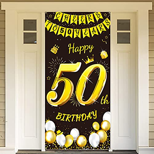 DPKOW Schwarz Gold 50. Geburtstag Deko Mann Frau, Schwarz Gold Tür Banner für 50. Geburtstag Tür Hintergrund Deko für Garten Tisch Wand, 185 x 90cm Stoff