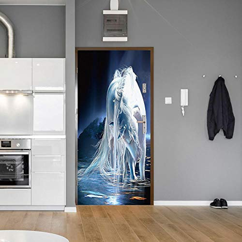 GSKBDQ Türtapete Selbstklebend Türposter Einhorn Weißes Pferd 95X215Cm Fototapete 3D Effekt Türaufkleber Türfolie Poster Tapete Abnehmbar Wandtattoo Für Wohnzimmer Küche Schlafzimmer Dekoration