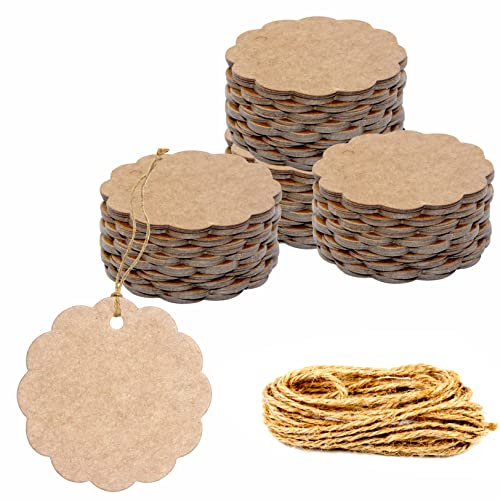200 etiquetas de Papel Kraft para regalo, Festoneadas Etiquetas para papel de regalo con hilo de hilo de yute natural de 30 metros para embalaje de manualidades (6 cm de diámetro)