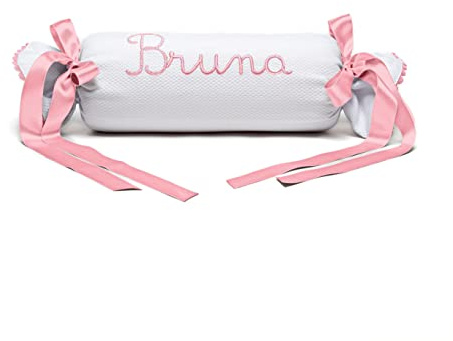 Borda y más Cojín Decorativo para Cuna o Carrito Personalizado – Caramelo bebé con Nombre - Rulo recién Nacido Bordado – Nenel (Blanco/Rosa bebé)