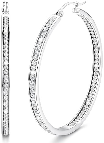 Dimaday Große Multicolor Strass Creolen für Frauen - Edelstahl Huggie Ohrringe Schmuck-Set 35/40/50MM