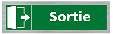 Signalétique.biz France - Plaque de porte SORTIE VERS LA DROITE (Q0383) - 170 X 50 mm - Adhésif aspect aluminium brossé