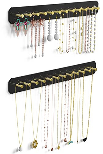 NiHome Hanging Jewelry Organizers, Wall Mounted Acrylic Jewelry Holder Earring Necklace Organizer with 24 Gold Round Hooks, Hanging Necklace Holder Stand also for Bracelet, Key - Black, 2PK