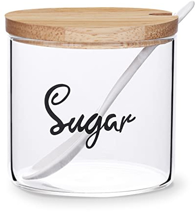 HAOTOP Clear Glass Sugar Bowl with Serving Spoon and Lid, Farmhouse Kitchen Countertop Canisters, Container Jar Dispenser Holder for Home Kitchen,12 oz