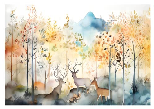 WallArena - Papier peint photo non tissé pour chambre d'enfant - 254 x 184 cm - Motif animaux de la forêt - Cerf pastel - Pour enfants - Papier peint photo pour chambre d'enfant - Papier peint non