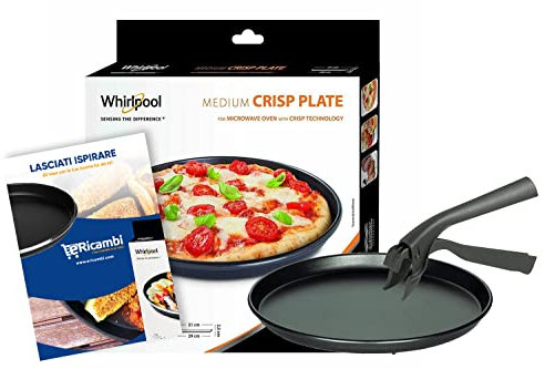 ERICAMBI®, Kit Bundle, Piatto Crisp Whirlpool Medio (Ø29cm [interno] - Ø31cm [esterno] H. 2,5 cm) per Microonde + Maniglia Universale per Piatto + eBook con 20 Ricette Gustose