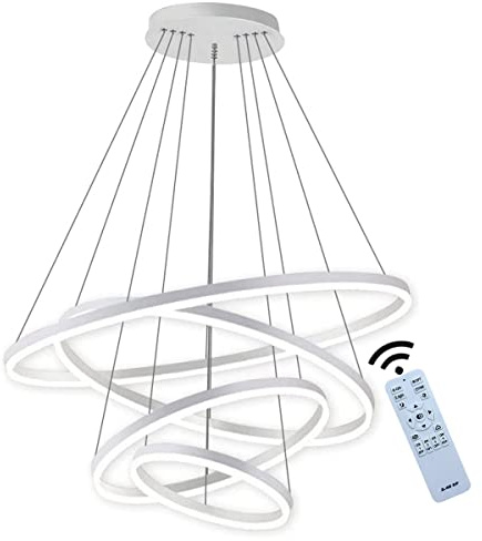 J.SUNUN LED Pendelleuchte Moderne Weiß 4-Ring Kronleuchter Wohnzimmerlamp 108W Dimmbar Höhenverstellbar Deckenbeleuchtung Für Schlafzimmer Wohnzimmer Esszimmer 20×40×60×80CM