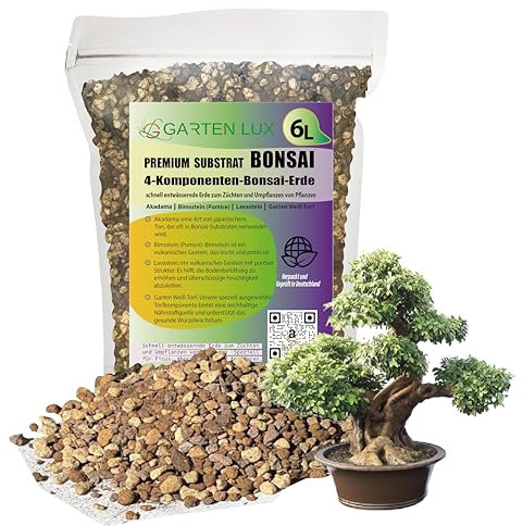 Garten Lux Premium Bonsai Substrat–6L 4-Komponenten Bonsai Erde –schnell entwässernde Erde zum Züchten und Umpflanzen von Pflanzen -Speziell für Ficus Ahorn Weide und Konifiren