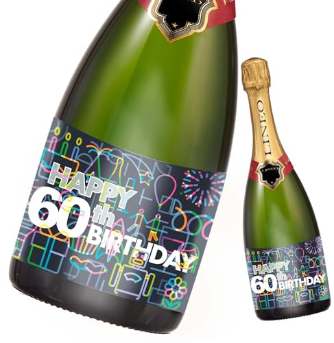 2 Stück Geburtstags-Flaschenetikett; Happy Birthday Etikett für Sekt- & Weinflaschen selbstklebend; Geburtstags-Geschenk für Männer & Frauen (14,8 x 10,5 cm) (60. Geburtstag)