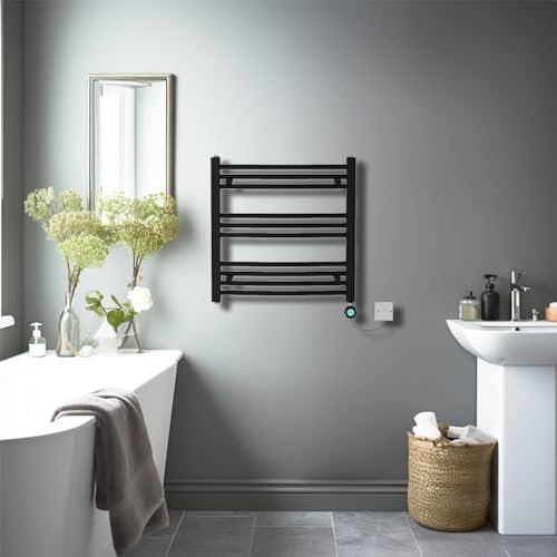 NRG Prefilled Curved Electric Heated Towel Rail Radiator Black Bathroom Warmer LCD Screen Thermostatic Heating Element with WiFi 600x600mm - 400Watt