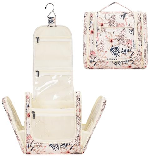 Kulturtasche Damen Zum Aufhängen Kulturbeutel Herren, Waschtasche Zum Aufhängen Damen Kosmetiktasche für Frauen & Mädchen (Beige Flamingo)