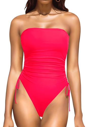 Yonique Women Strapless One Piece Swimsuit Tummy Control Bandeau Bathing Suit Cheeky Swimwear Hot Red M