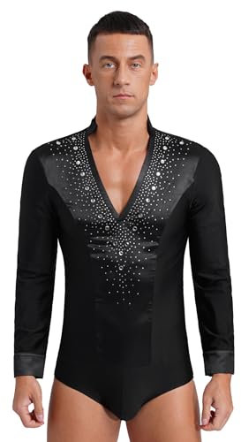 Jhaoyu Herren Glitzer Latein Hemd Langarm V-Ausschnitt Tanzbody Trikot Oberteil Gymnastik Tango Jazz Tanz Wettberbe Performance Outfits Schwarz XL