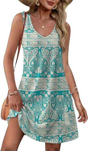 Yeenily Damklänning V-ringad ledig ärmlös klänningar strandklänning sommar kort klänning linne chic och elegant miniklänning med fickor, Färg 3, M