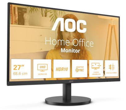 AOC U27B3M - Monitor UHD de 27 Pulgadas, HDR10 3840x2160, 4K, 60 Hz, 2X HDMI, DisplayPort Negro, 27 Pulgada 4K IPS 60Hz, USB-C, Altavoces - Ajuste de Altura