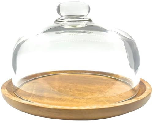 10 Inch Wooden Base Cake Display Stand with Glass Dome,Cloche Clear Glass Bell Jar Cover for Dessert Cheese Candy Plants Succulents